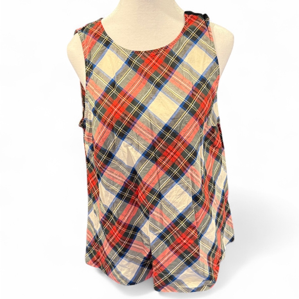 J.Crew Tartan Plaid Sleeveless Blouse Bow Shoulder Tie Women's 10 Cotton Holiday